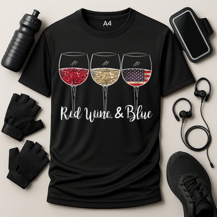 Red Wine & Blue 4th of July wine Red White Blue Wine Glasses Cooling Performance Crew T-Shirt