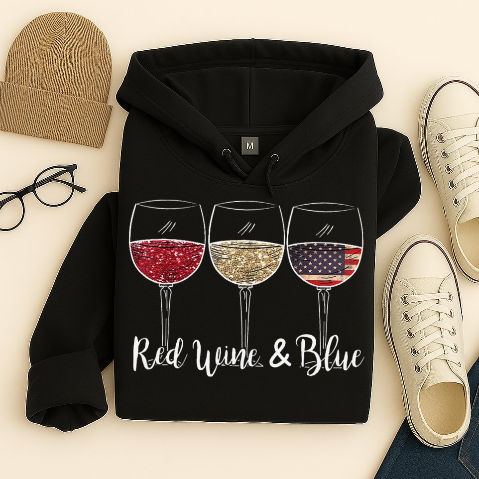 Red Wine & Blue 4th of July wine Red White Blue Wine Glasses Hoodie