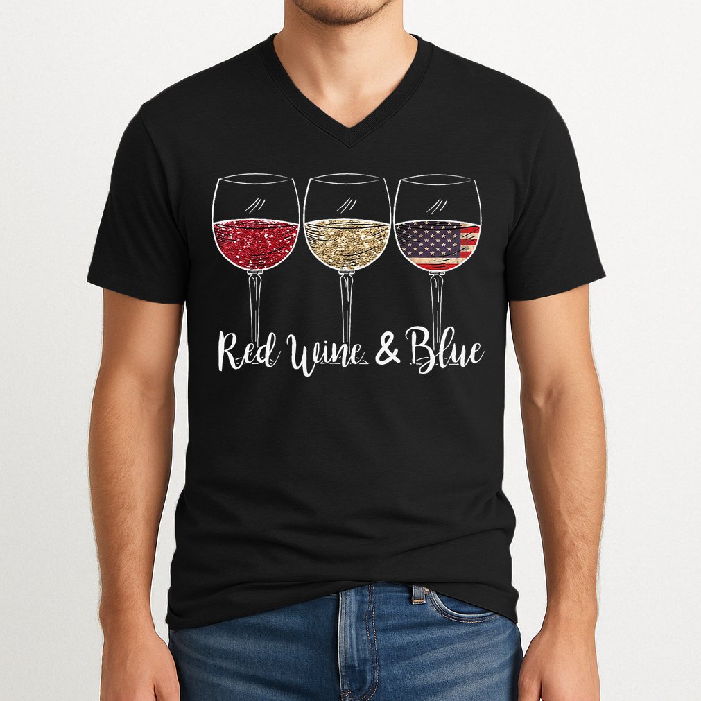 Red Wine & Blue 4th of July wine Red White Blue Wine Glasses V-Neck T-Shirt