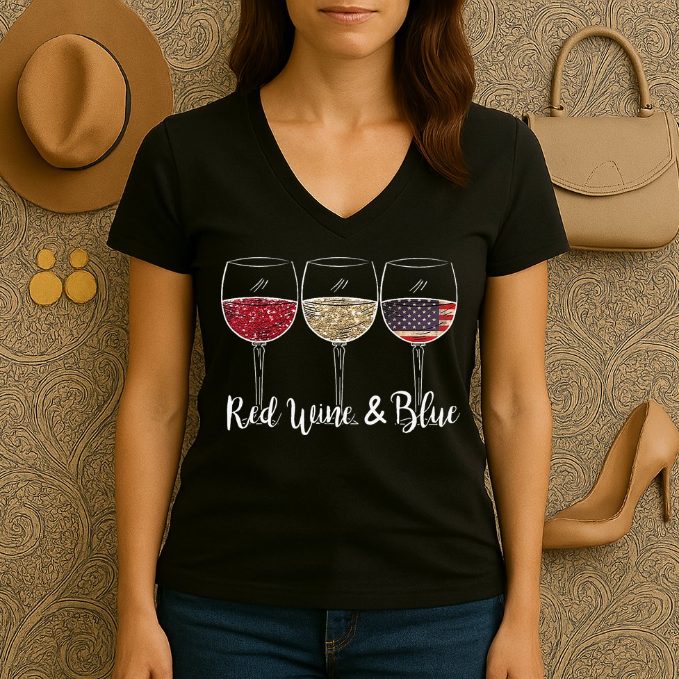Red Wine & Blue 4th of July wine Red White Blue Wine Glasses Women's V-Neck T-Shirt