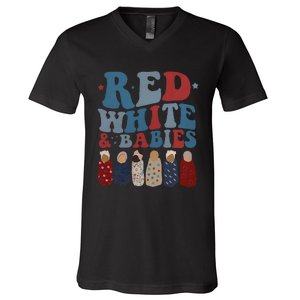 Red White Babies NICU Nurse 4th Of July Neonatal Nursing V-Neck T-Shirt