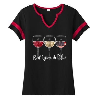 Red Wine & Blue 4th Of July Red White Blue Wine Glasses Ladies Halftime Notch Neck Tee