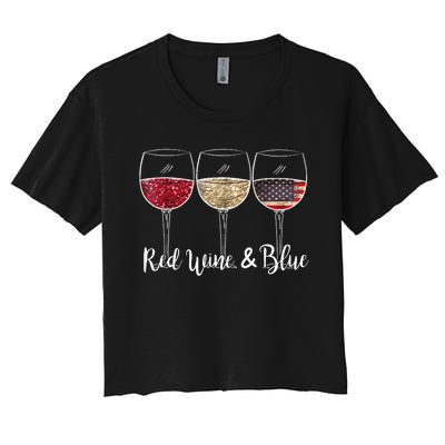 Red Wine & Blue 4th Of July Red White Blue Wine Glasses Women's Crop Top Tee