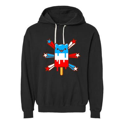 RED WHITE & BLUE POPSICLE CAT - 4th of July Garment-Dyed Fleece Hoodie