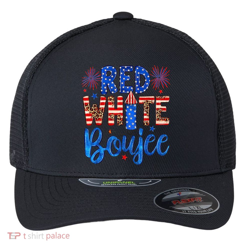 Red White & Boujee Summer Funny Drinking 4th of July US Flag Flexfit Unipanel Trucker Cap
