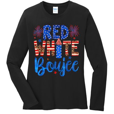 Red White & Boujee Summer Funny Drinking 4th of July US Flag Ladies Long Sleeve Shirt