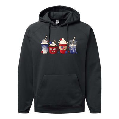 Red White Blue Latte Ice Coffee USA 4th Of July Patriotic Performance Fleece Hoodie