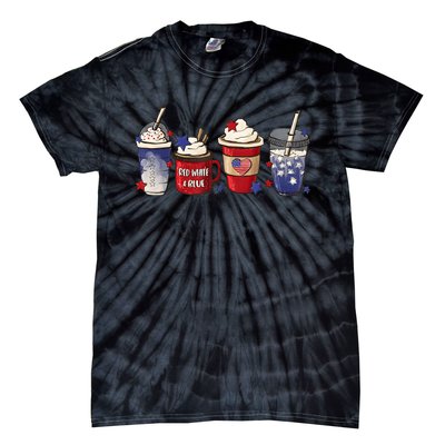 Red White Blue Latte Ice Coffee USA 4th Of July Patriotic Tie-Dye T-Shirt