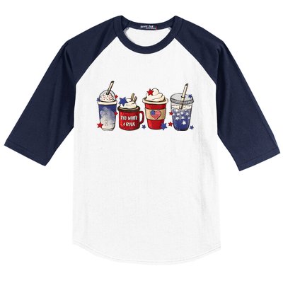 Red White Blue Latte Ice Coffee USA 4th Of July Patriotic Baseball Sleeve Shirt