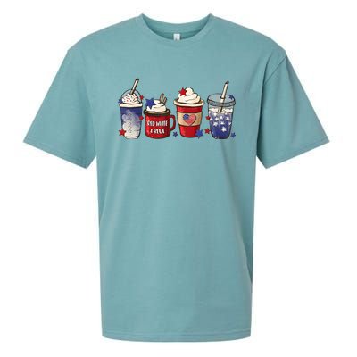 Red White Blue Latte Ice Coffee USA 4th Of July Patriotic Sueded Cloud Jersey T-Shirt