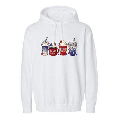 Red White Blue Latte Ice Coffee USA 4th Of July Patriotic Garment-Dyed Fleece Hoodie