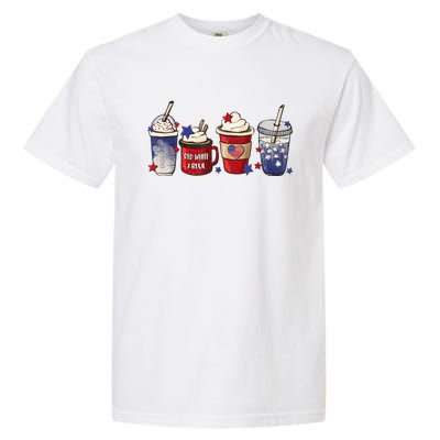 Red White Blue Latte Ice Coffee USA 4th Of July Patriotic Garment-Dyed Heavyweight T-Shirt