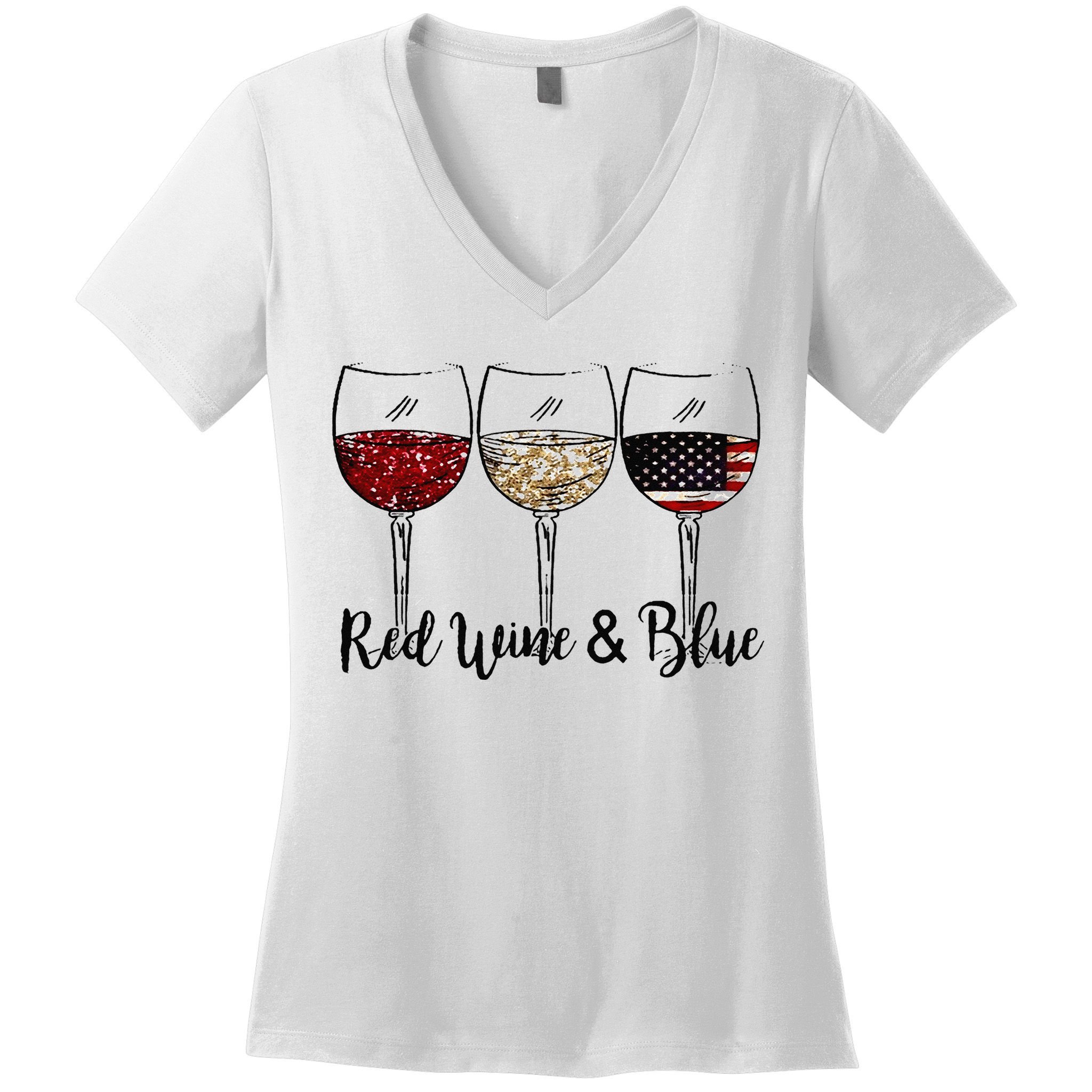 Red Wine & Blue 4th of July Red White Blue Wine Glasses Women's V-Neck T-Shirt