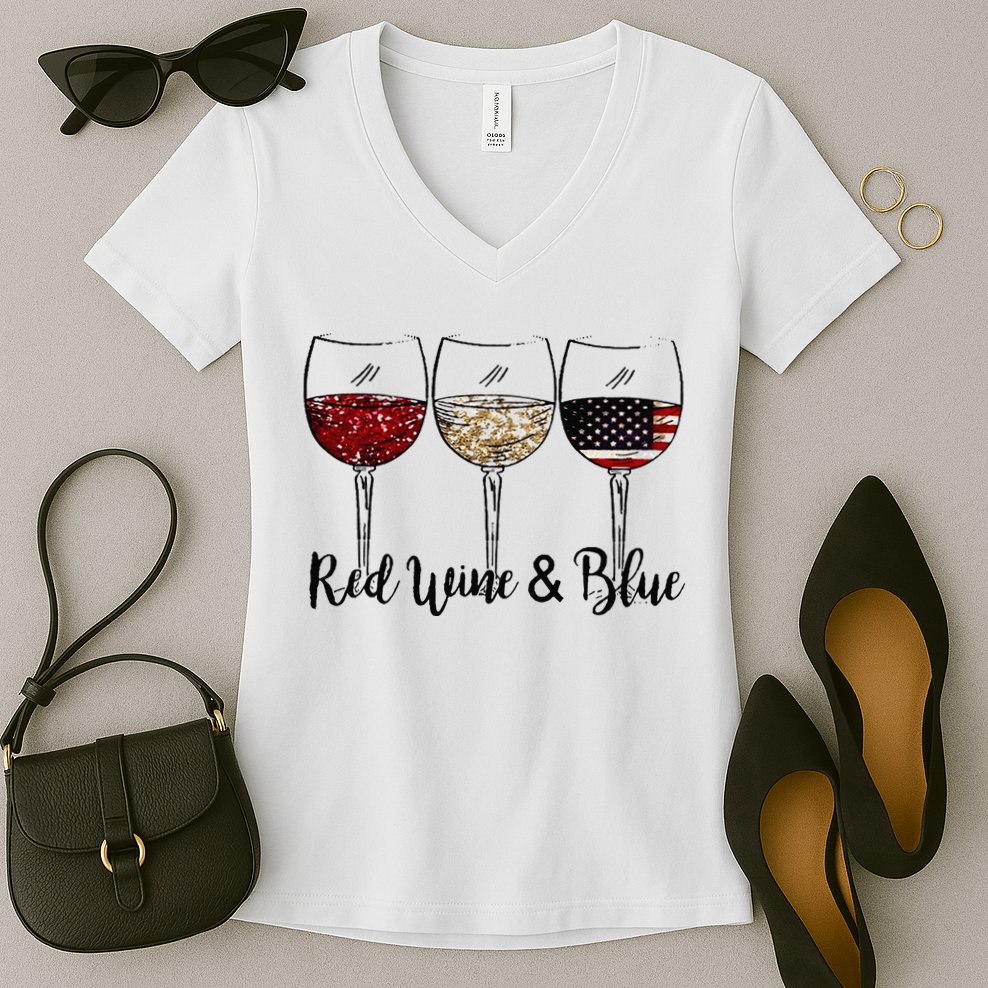 Red Wine & Blue 4th of July Red White Blue Wine Glasses Women's V-Neck T-Shirt