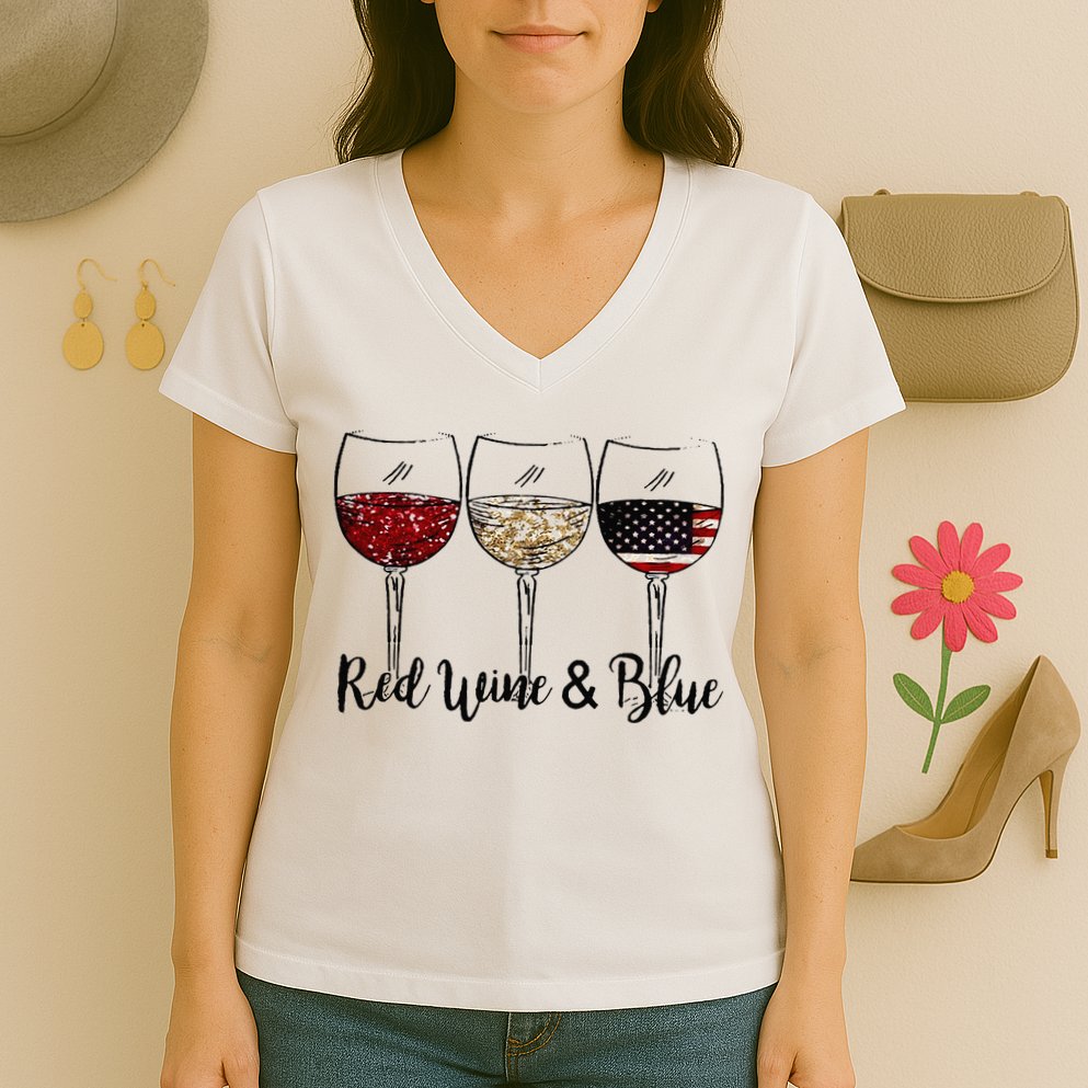 Red Wine & Blue 4th of July Red White Blue Wine Glasses Women's V-Neck T-Shirt