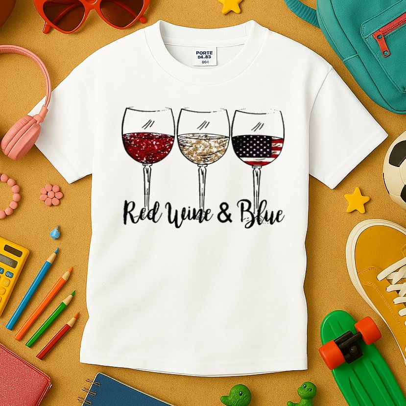 Red Wine & Blue 4th of July Red White Blue Wine Glasses Kids T-Shirt