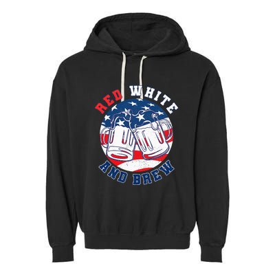 Red White & Brew! for a 4th of July Beer Merica USA Garment-Dyed Fleece Hoodie