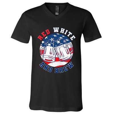 Red White & Brew! for a 4th of July Beer Merica USA V-Neck T-Shirt