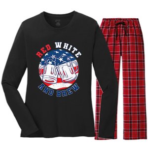 Red White & Brew! for a 4th of July Beer Merica USA Women's Long Sleeve Flannel Pajama Set 