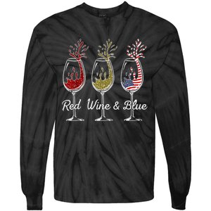 Red Wine & Blue 4th Of July Wine Red White Blue Wine Glasses Tie-Dye Long Sleeve Shirt