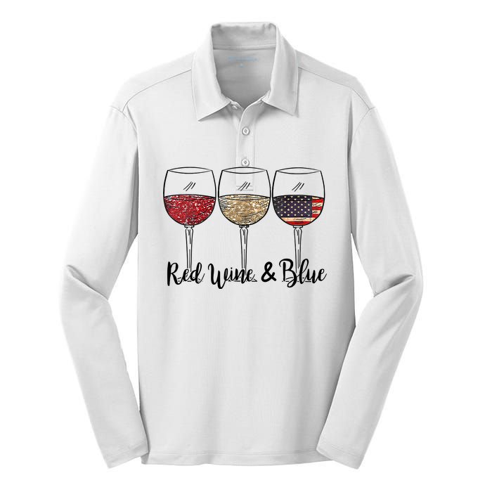 Red Wine Blue Wine 4th Of July Wine Red Wine Blue Wine Lover Silk Touch Performance Long Sleeve Polo