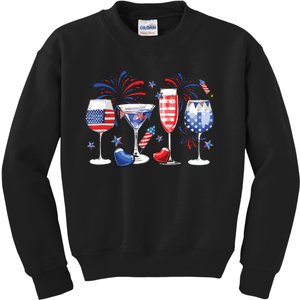 Red White Blue Wine Glass USA Flag Happy 4th Of July Kids Sweatshirt