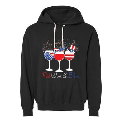 Red Wine Blue Funny America USA Flag 4th Of July Patriotic Garment-Dyed Fleece Hoodie