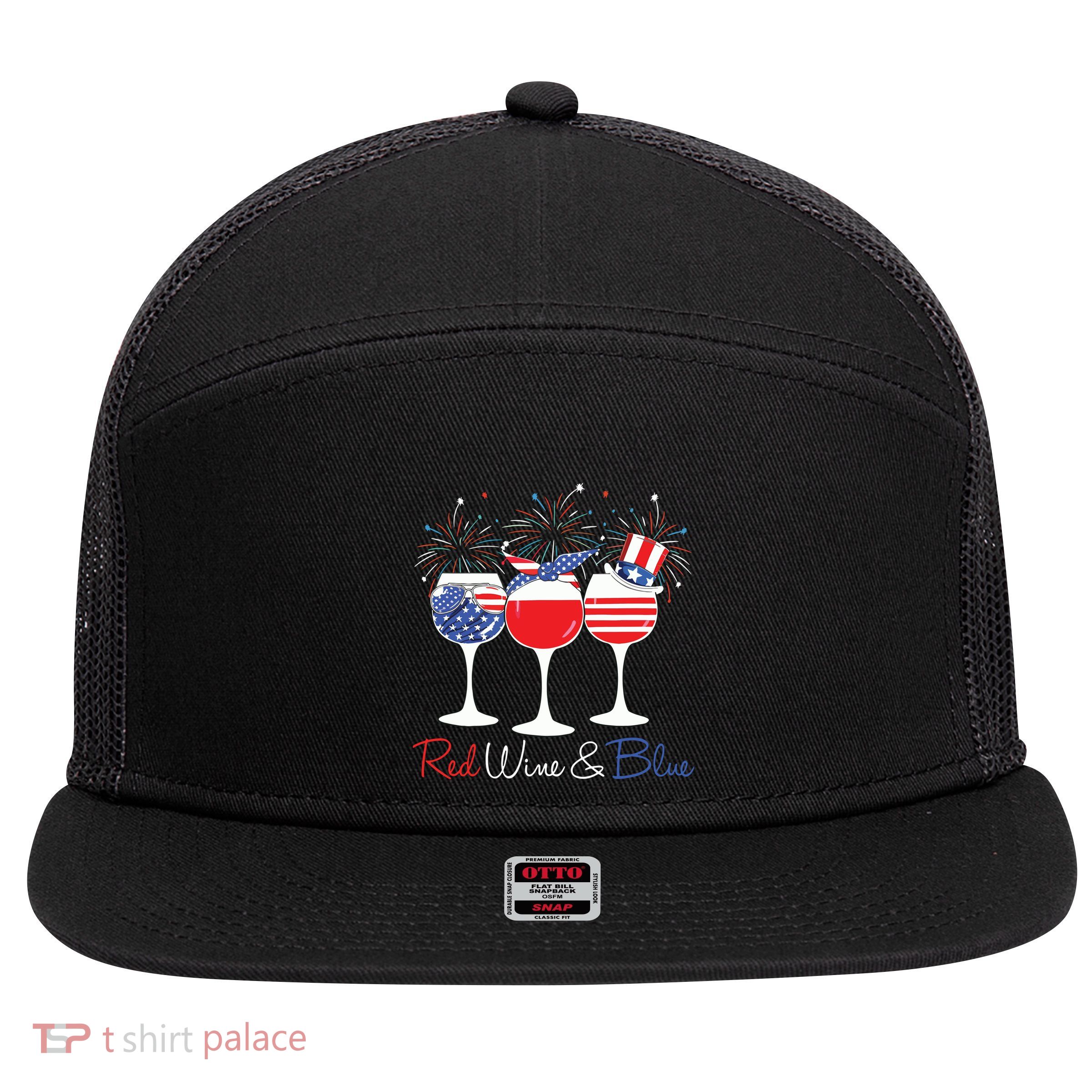 Red Wine Blue Funny America USA Flag 4th Of July Patriotic 7 Panel Mesh Trucker Snapback Hat