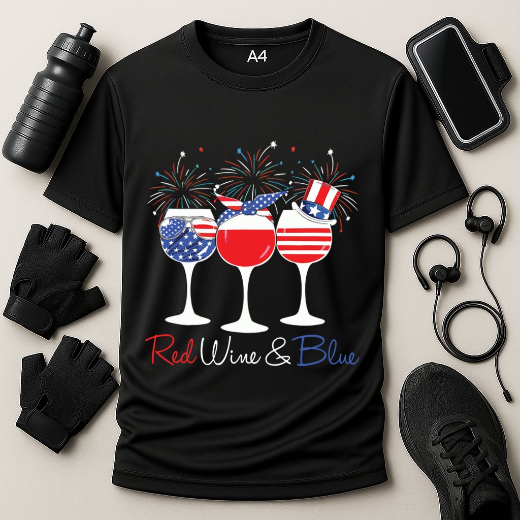 Red Wine Blue Funny America USA Flag 4th Of July Patriotic Cooling Performance Crew T-Shirt