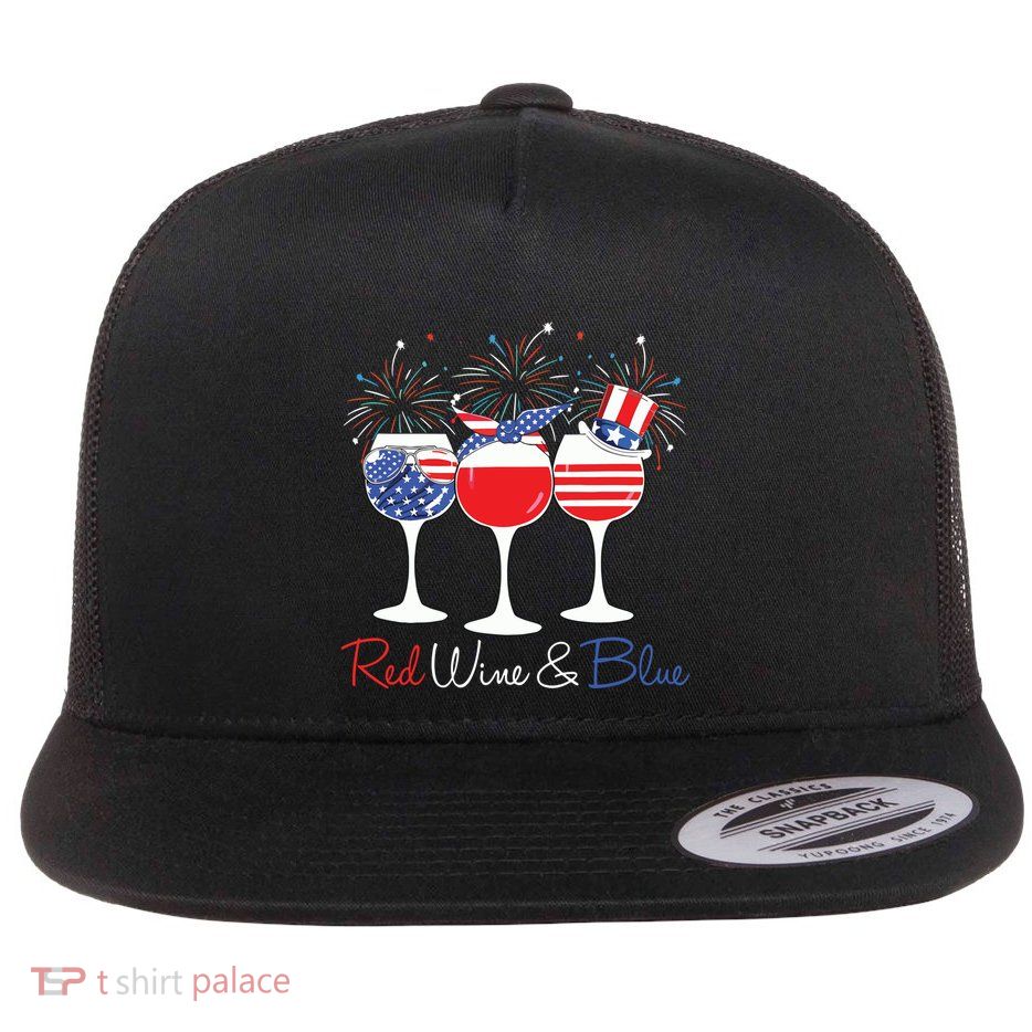 Red Wine Blue Funny America USA Flag 4th Of July Patriotic Flatbill Hat