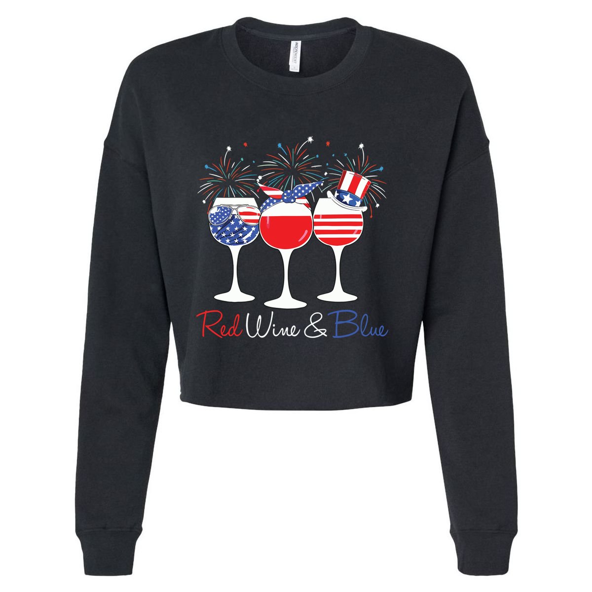 Red Wine Blue Funny America USA Flag 4th Of July Patriotic Cropped Pullover Crew
