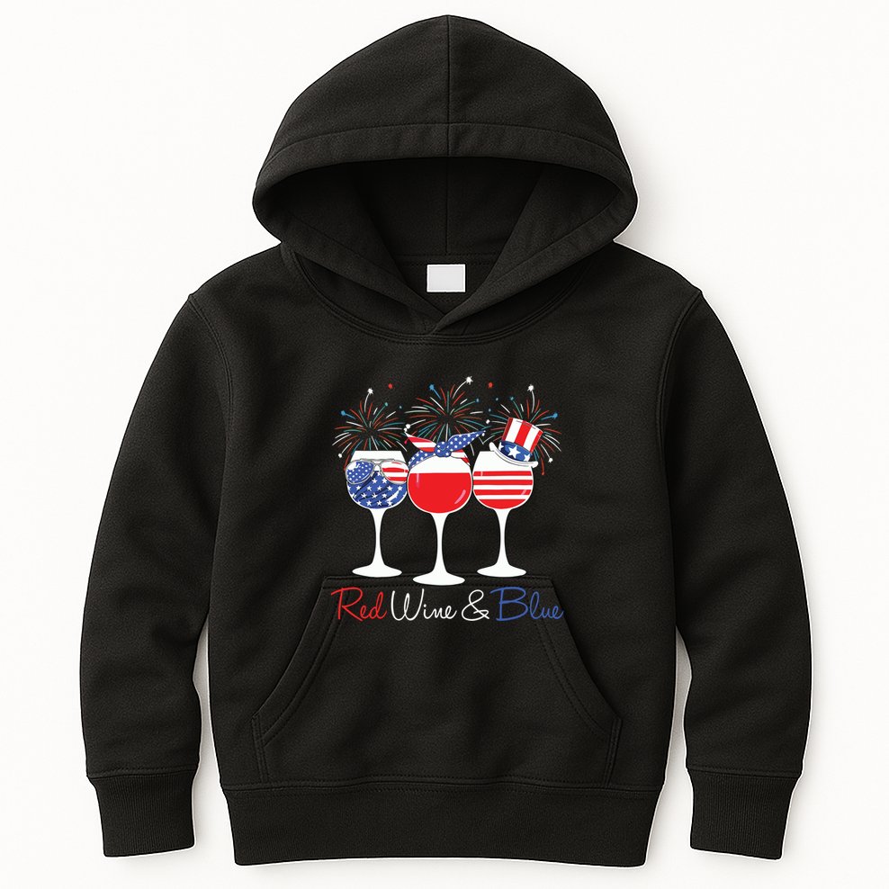Red Wine Blue Funny America USA Flag 4th Of July Patriotic Kids Hoodie