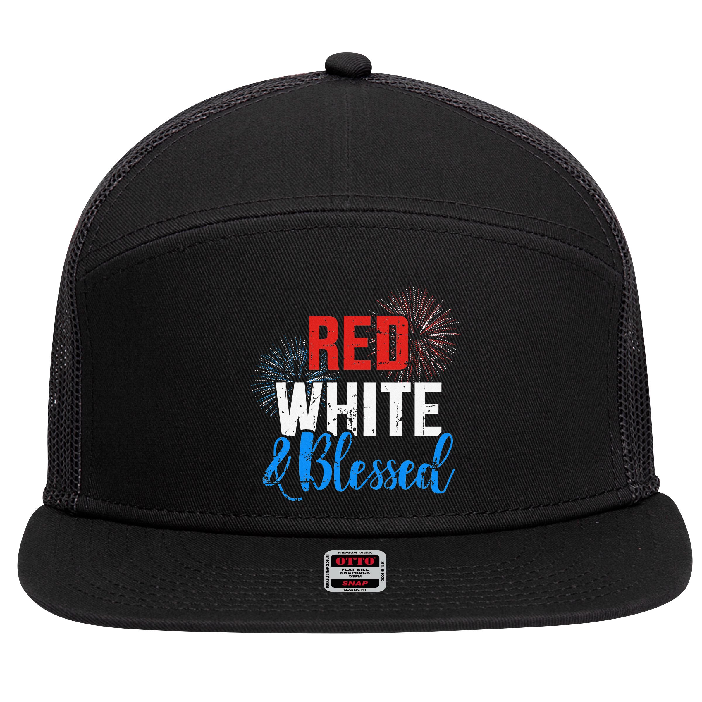 Red white blessed for Independence day on 4th of July 7 Panel Mesh Trucker Snapback Hat