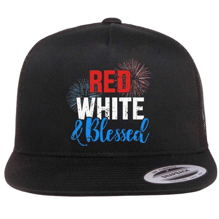 Red white blessed for Independence day on 4th of July Flat Bill Trucker Hat