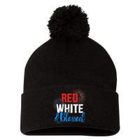 Red white blessed for Independence day on 4th of July Pom Pom 12in Knit Beanie