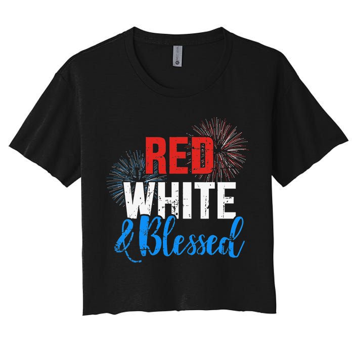Red white blessed for Independence day on 4th of July Women's Crop Top Tee