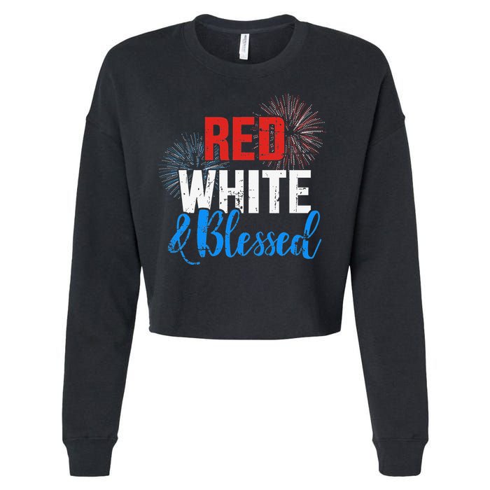 Red white blessed for Independence day on 4th of July Cropped Pullover Crew