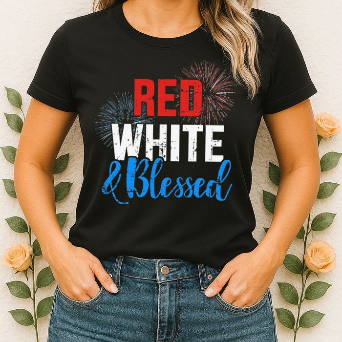 Red white blessed for Independence day on 4th of July Womens T-Shirt