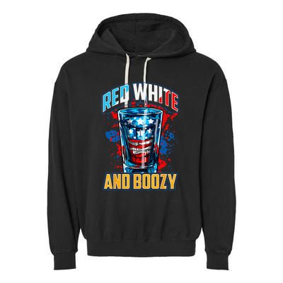 Red White & Boozy Patriotic American Whiskey Drinker Alcohol Garment-Dyed Fleece Hoodie