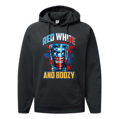 Red White & Boozy Patriotic American Whiskey Drinker Alcohol Performance Fleece Hoodie