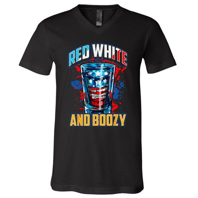 Red White & Boozy Patriotic American Whiskey Drinker Alcohol V-Neck T-Shirt