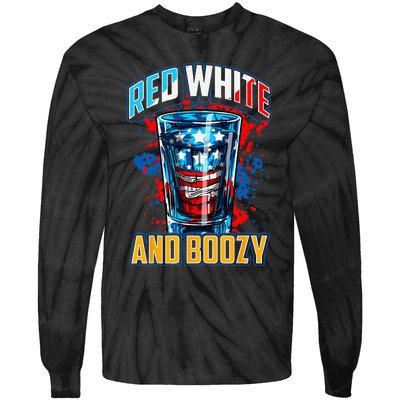 Red White & Boozy Patriotic American Whiskey Drinker Alcohol Tie-Dye Long Sleeve Shirt