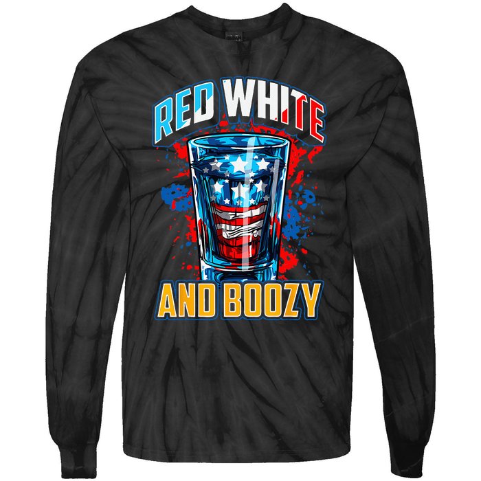 Red White & Boozy Patriotic American Whiskey Drinker Alcohol Tie-Dye Long Sleeve Shirt