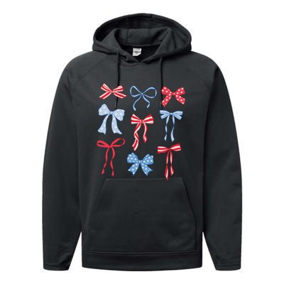 Red White Blue Coquette Bows 4th Of July Performance Fleece Hoodie