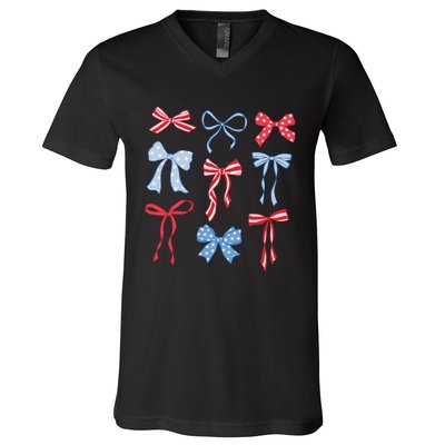 Red White Blue Coquette Bows 4th Of July V-Neck T-Shirt