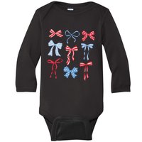 Red White Blue Coquette Bows 4th Of July Baby Long Sleeve Bodysuit