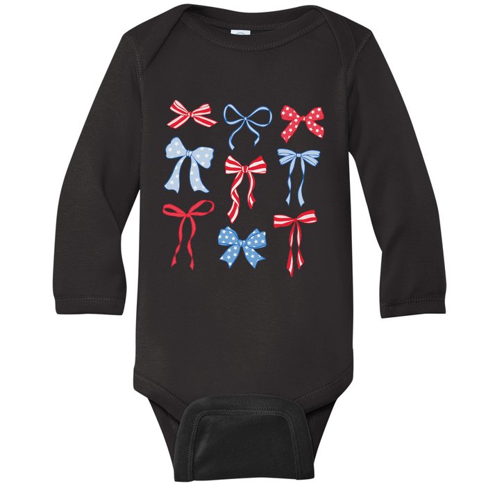 Red White Blue Coquette Bows 4th Of July Baby Long Sleeve Bodysuit