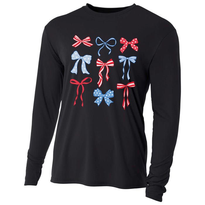 Red White Blue Coquette Bows 4th Of July Cooling Performance Long Sleeve Crew