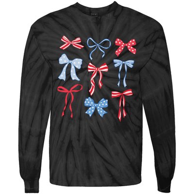 Red White Blue Coquette Bows 4th Of July Tie-Dye Long Sleeve Shirt