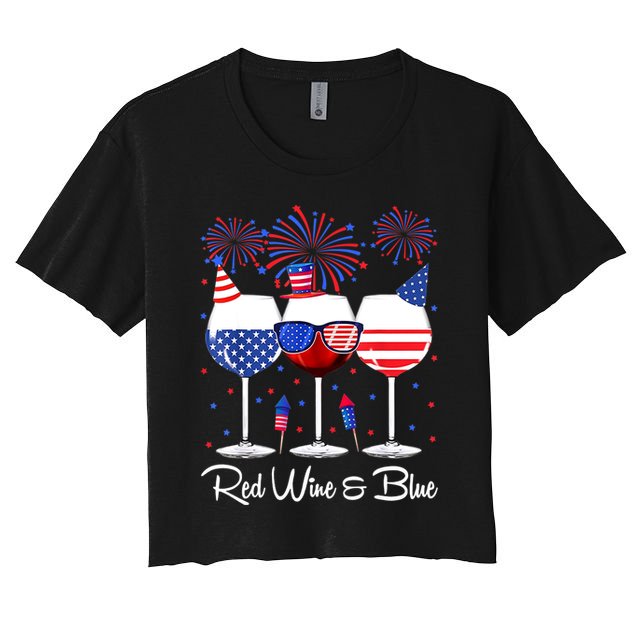 Red Wine & Blue 4th Of July Wine Red White Blue Wine Glasses Crop Top